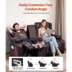 VEVOR Loveseat Recliner Sofa, Power Reclining Couch with Heating & Massage and Timer, PU Leather Electric Recliner Sofa with Center Console, USB Ports, Cup Holders and Side Bags for Living Room