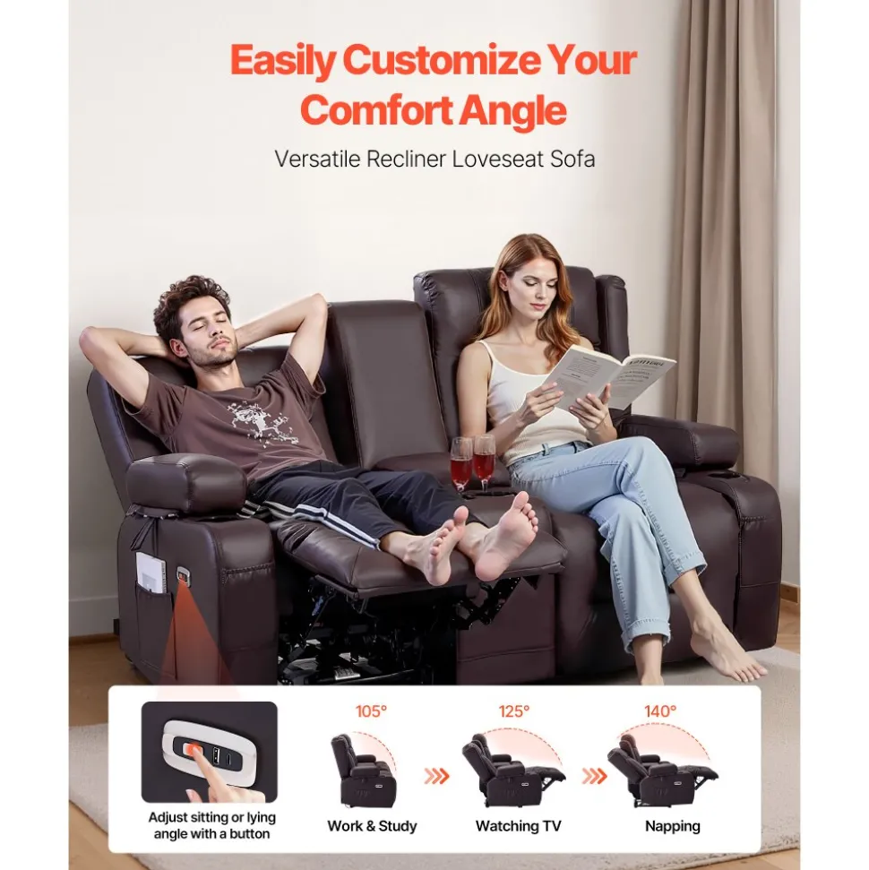 VEVOR Loveseat Recliner Sofa, Power Reclining Couch with Heating & Massage and Timer, PU Leather Electric Recliner Sofa with Center Console, USB Ports, Cup Holders and Side Bags for Living Room