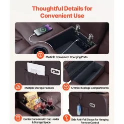 VEVOR Loveseat Recliner Sofa, Power Reclining Couch with Heating & Massage and Timer, PU Leather Electric Recliner Sofa with Center Console, USB Ports, Cup Holders and Side Bags for Living Room