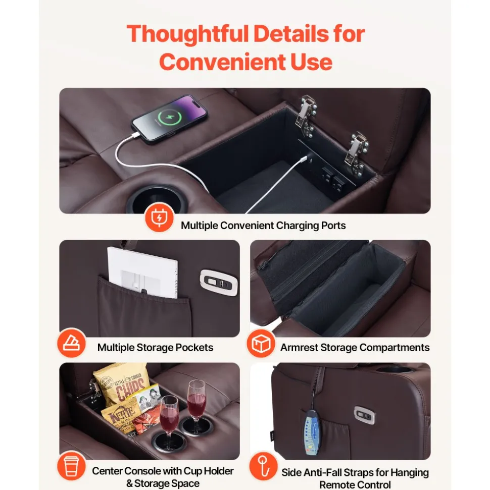 VEVOR Loveseat Recliner Sofa, Power Reclining Couch with Heating & Massage and Timer, PU Leather Electric Recliner Sofa with Center Console, USB Ports, Cup Holders and Side Bags for Living Room