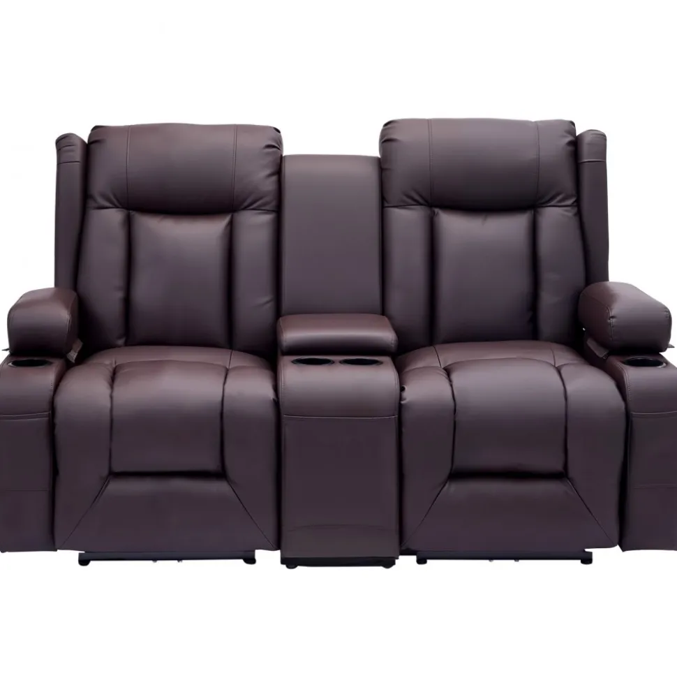 VEVOR Loveseat Recliner Sofa, Power Reclining Couch with Heating & Massage and Timer, PU Leather Electric Recliner Sofa with Center Console, USB Ports, Cup Holders and Side Bags for Living Room