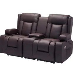 VEVOR Loveseat Recliner Sofa, Power Reclining Couch with Heating & Massage and Timer, PU Leather Electric Recliner Sofa with Center Console, USB Ports, Cup Holders and Side Bags for Living Room