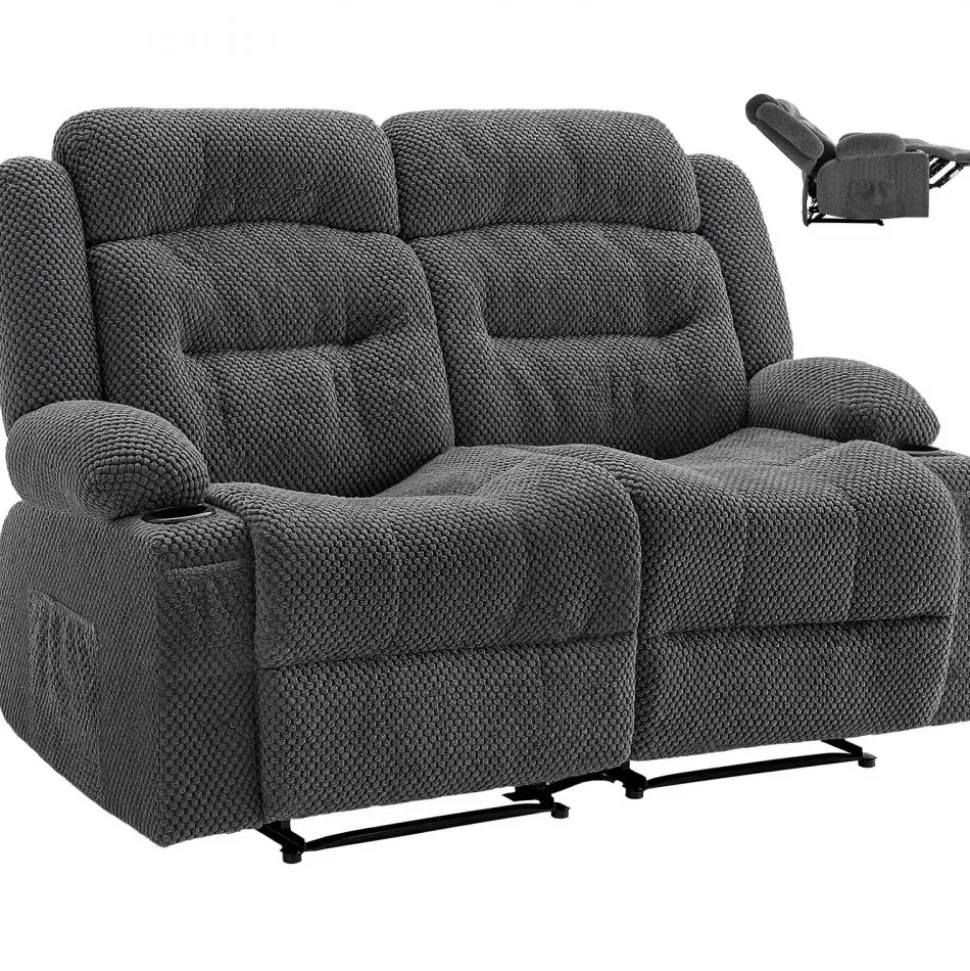 VEVOR Loveseat Recliner Sofa, Manual Reclining Couch with Heating and Massage, Soft Corduroy Recliner Sofa with USB Ports, Cup Holders and Side Storage Bags, Dual Loveseat Chair for Living Room, Grey