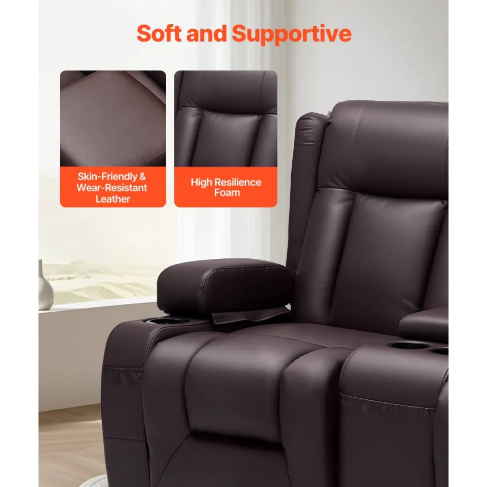 VEVOR Loveseat Recliner Sofa, Manual Reclining Couch with Center Console, PU Faux Leather Recliner Sofa with USB Ports, Cup Holders and Storage Bags, Dual Loveseat Chair for Living Room/RV, Brown