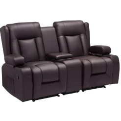 VEVOR Loveseat Recliner Sofa, Manual Reclining Couch with Center Console, PU Faux Leather Recliner Sofa with USB Ports, Cup Holders and Storage Bags, Dual Loveseat Chair for Living Room/RV, Brown