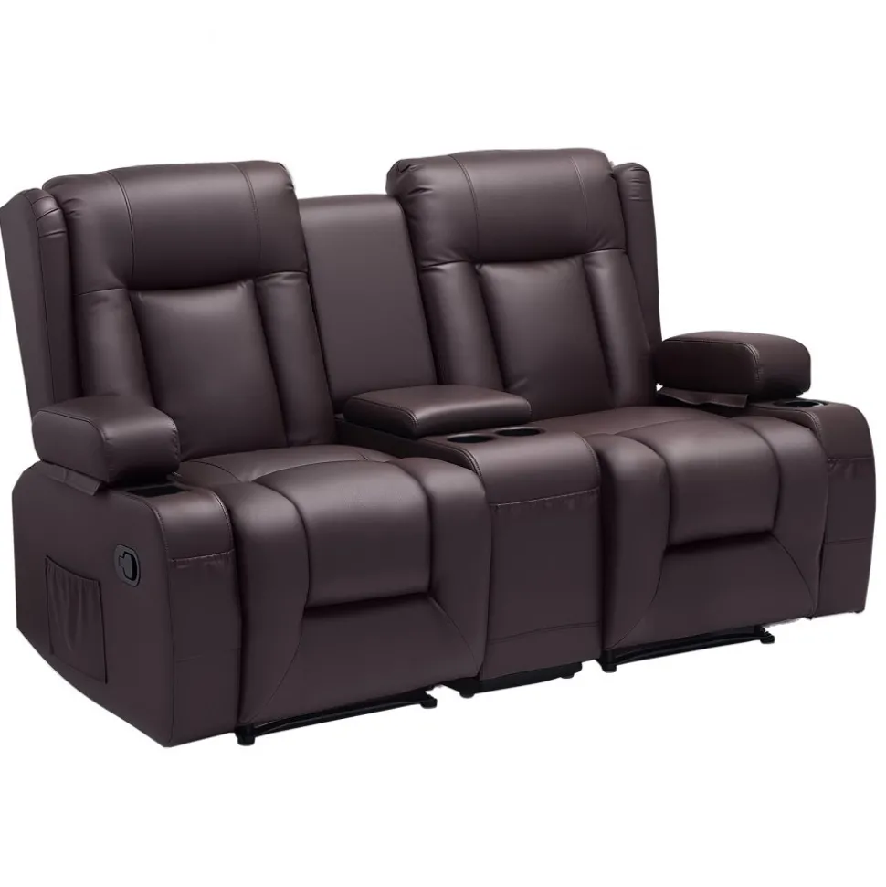 VEVOR Loveseat Recliner Sofa, Manual Reclining Couch with Center Console, PU Faux Leather Recliner Sofa with USB Ports, Cup Holders and Storage Bags, Dual Loveseat Chair for Living Room/RV, Brown
