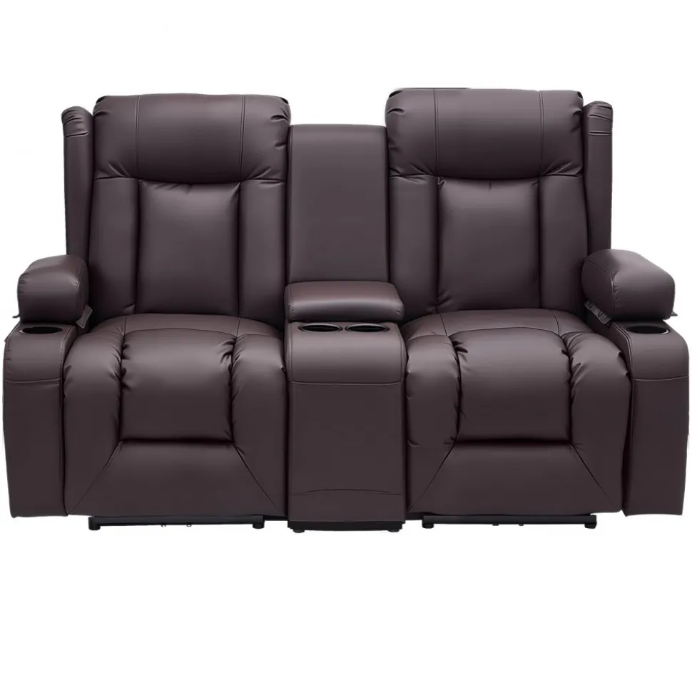 VEVOR Loveseat Recliner Sofa, Manual Reclining Couch with Center Console, PU Faux Leather Recliner Sofa with USB Ports, Cup Holders and Storage Bags, Dual Loveseat Chair for Living Room/RV, Brown