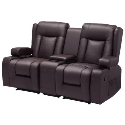 VEVOR Loveseat Recliner Sofa, Manual Reclining Couch with Center Console, PU Faux Leather Recliner Sofa with USB Ports, Cup Holders and Storage Bags, Dual Loveseat Chair for Living Room/RV, Brown