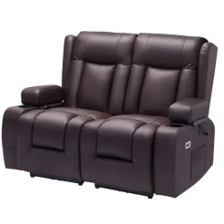 VEVOR Loveseat Recliner Sofa, Power Reclining Couch with Heating & Massage and Timer, PU Leather Electric Recliner Sofa with USB Ports, Cup Holders and Side Bags, Dual Loveseat Chair for Living Room