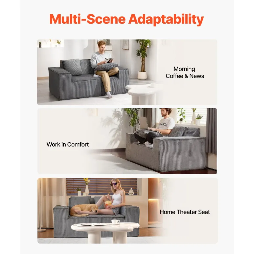 VEVOR Loveseat Sofa, 63-Inch 2-Seats Couch for Living Room, Modern Small Corduroy Couch with Pocket Springs, Soft Cushions, Comfy Loveseat for Bedroom, Office or Apartment, No Assembly Required, Gray