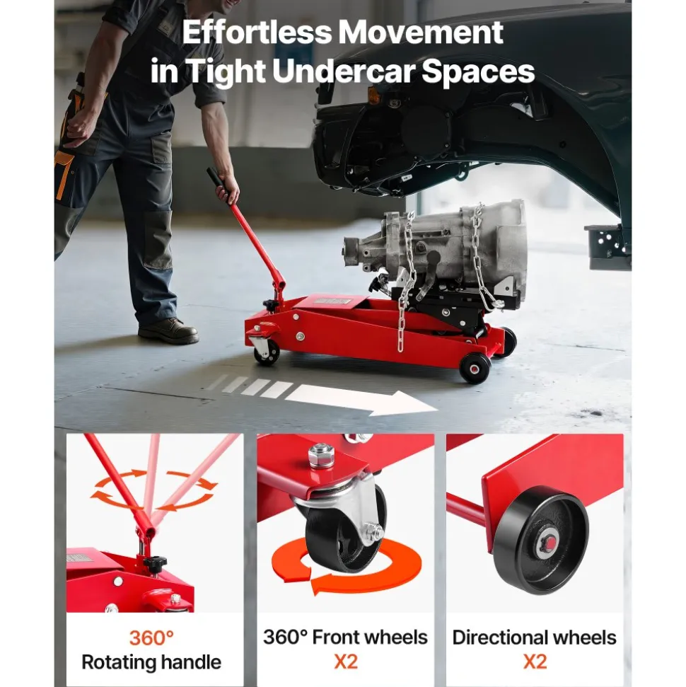 VEVOR Low Profile Floor Jack, 2200 lbs / 1 Ton Lifting Capacity Telescoping Transmission Floor Jack, 7.28-27.6 in Lifting Height, Flexible 360° Swivel wheels, Heavy-Duty Lift Hoist for Garage/Shop
