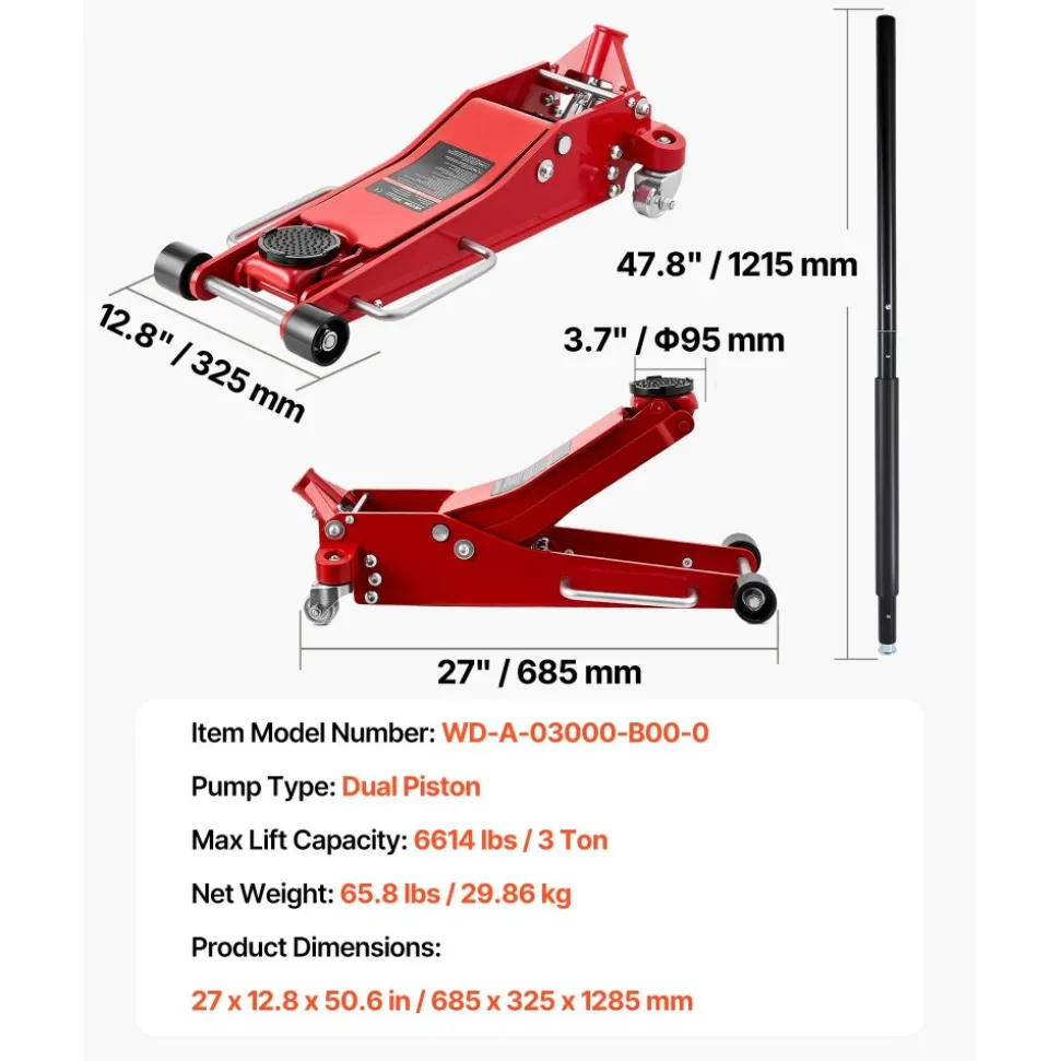 VEVOR Low Profile Floor Jack, 3 Ton (6614 lbs) Capacity, Aluminum Racing Floor Jack with Dual Pistons Quick Lift Pump, Hydraulic Trolley Car Lift for Sports Car, SUV, Pickup, Lifting Range 3.3"-20.3"