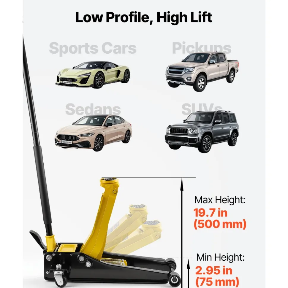 VEVOR Low Profile Floor Jack, 3 Ton (6614 lbs) Capacity, Steel Racing Floor Jack with Dual Pistons Quick Lift Pump & SUV Adapter, Hydraulic Trolley Car Lift for Sports Cars, Lifting Range 2.95"-19.7"