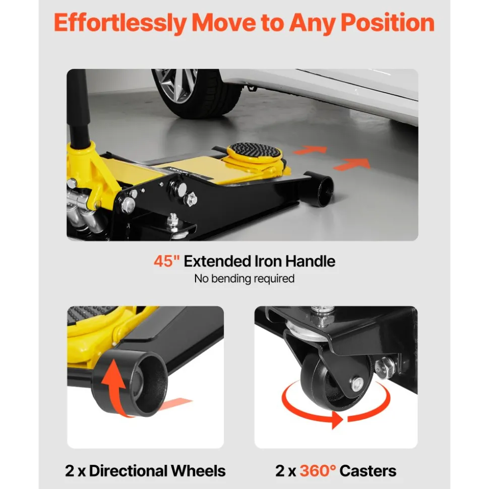VEVOR Low Profile Floor Jack, 2 Ton (4400 lbs) Capacity, Steel Racing Floor Jack with Dual Pistons Quick Lift Pump, Hydraulic Trolley Car Lift for Sports Cars, Sedans, Lifting Range 2.95-19.9 Inches