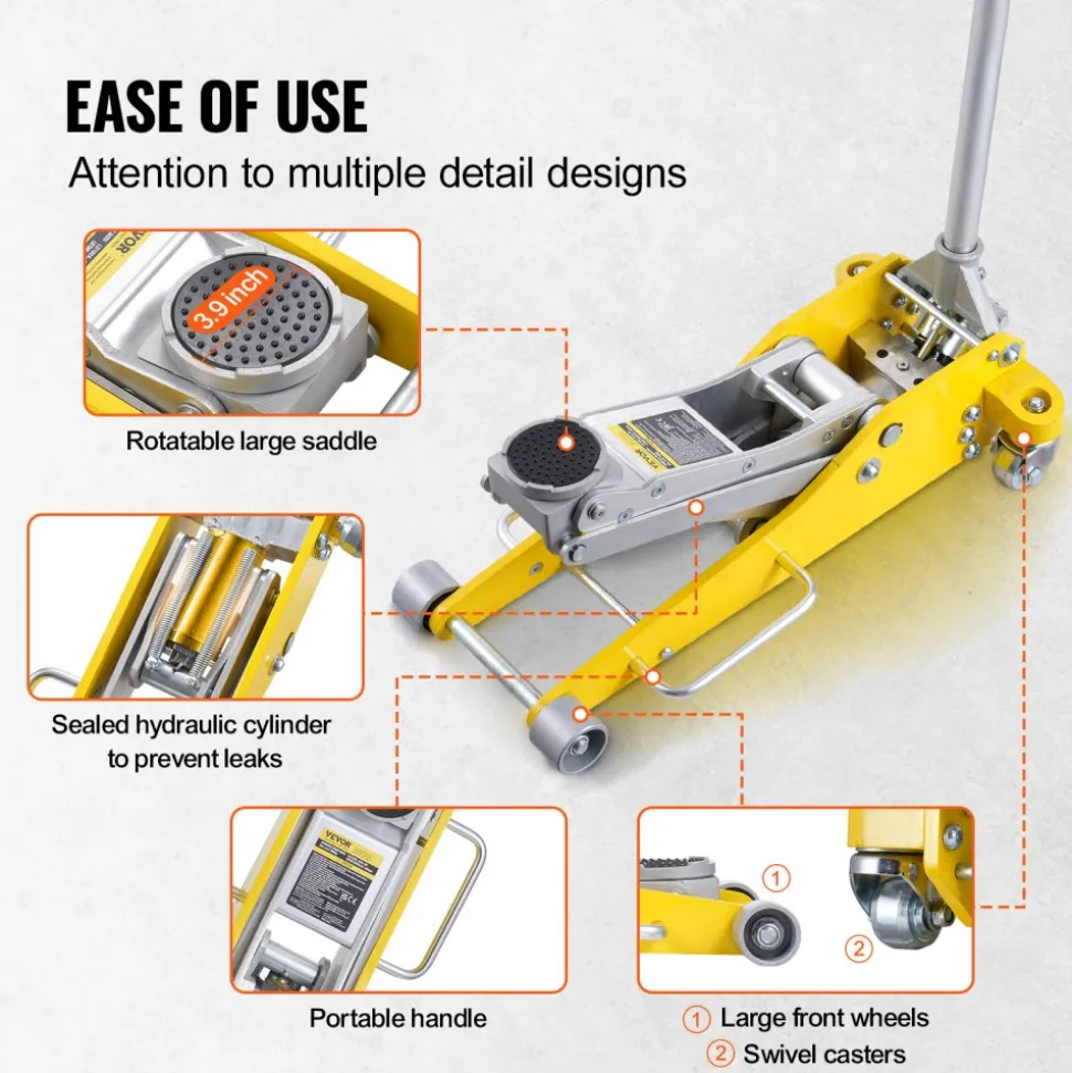 VEVOR Low Profile Floor Jack 3 Ton (6600 lbs), Heavy Duty Aluminum Hydraulic Racing Floor Jack, Hydraulic Car Jack, Dual Piston Quick Lift Pump, 3.7"-18.3" Height Lifting Range (Yellow)