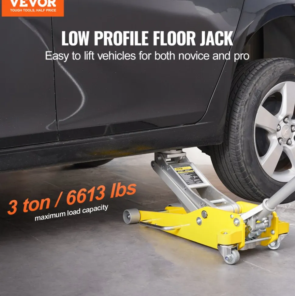 VEVOR Low Profile Floor Jack 3 Ton (6600 lbs), Heavy Duty Aluminum Hydraulic Racing Floor Jack, Hydraulic Car Jack, Dual Piston Quick Lift Pump, 3.7"-18.3" Height Lifting Range (Yellow)