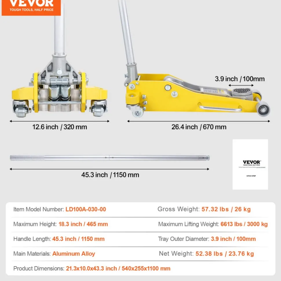 VEVOR Low Profile Floor Jack 3 Ton (6600 lbs), Heavy Duty Aluminum Hydraulic Racing Floor Jack, Hydraulic Car Jack, Dual Piston Quick Lift Pump, 3.7"-18.3" Height Lifting Range (Yellow)