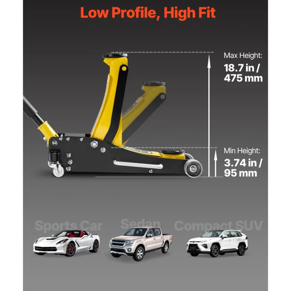 VEVOR Low Profile Floor Jack, 2.5 Ton (5500 lbs) Capacity, Aluminum & Steel Racing Floor Jack with Dual Pistons Quick Lift Pump, Hydraulic Trolley Car Lift for Compact SUVs, Lifting Range 3.74-18.7 in
