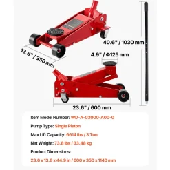 VEVOR Low Profile Floor Jack, 3 Ton (6614 lbs) Capacity, Steel Racing Floor Jack with Single Piston Quick Lift Pump, Hydraulic Trolley Car Lift for Sports Cars, SUVs, Pickups, Lifting Range 5.1