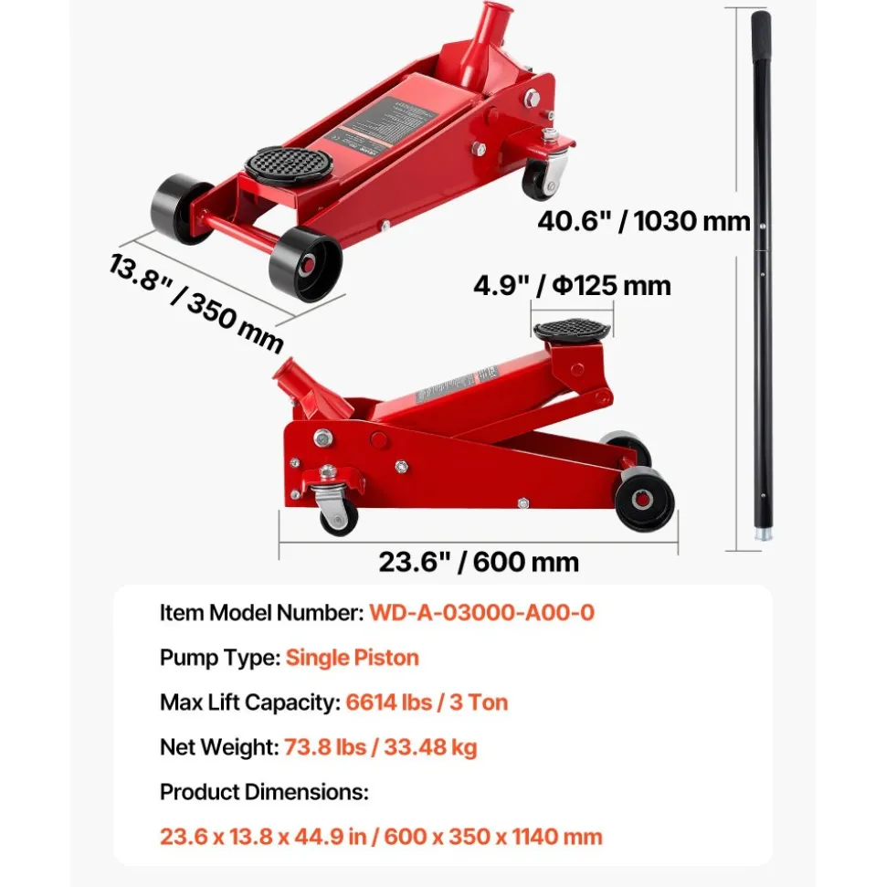VEVOR Low Profile Floor Jack, 3 Ton (6614 lbs) Capacity, Steel Racing Floor Jack with Single Piston Quick Lift Pump, Hydraulic Trolley Car Lift for Sports Cars, SUVs, Pickups, Lifting Range 5.1"-19.7"