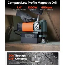 VEVOR Low Profile Magnetic Drill Press, 1300 W, 1.4 in Boring Diameter, 2248 lbf Power Portable Mag Drill Press, 650RPM Speed, with Weldon Shank, for Metal Surface, Industrial and Home Improvement