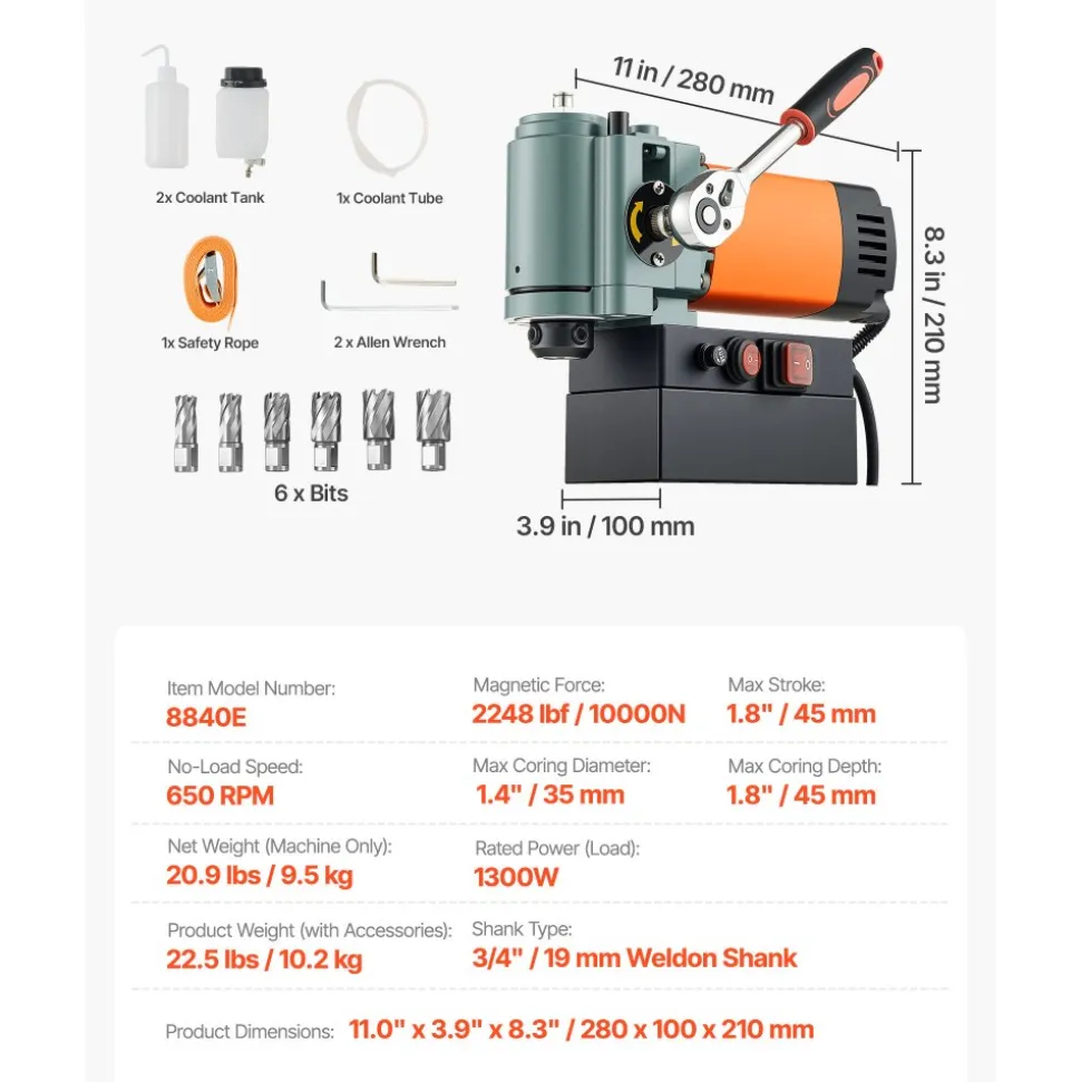 VEVOR Low Profile Magnetic Drill Press, 1300 W, 1.4 in Boring Diameter, 2248 lbf Power Portable Mag Drill Press, 650RPM Speed, with Weldon Shank, for Metal Surface, Industrial and Home Improvement