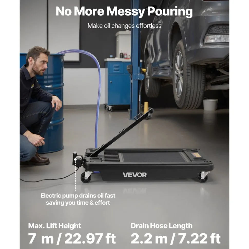 VEVOR Low Profile Oil Drain Pan, 17 Gallon Capacity, Rolling Oil Drain Pan with Electric Pump, 7.2 ft Hose & T Folding Handle, Leak-proof & Corrosion-resistant, Fit for Cars, SUVs, Trucks, ATVs, Black