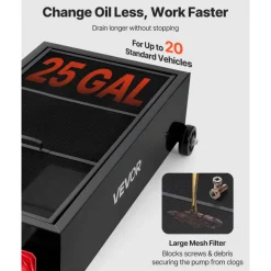 VEVOR Low Profile Oil Drain Pan, 25 Gallon Capacity, Rolling Oil Drain Pan with Manual Pump, 7.2 ft Hose & T Folding Handle, Leak-proof & Corrosion-resistant, Fit for Cars, SUVs, Trucks, ATVs, Black