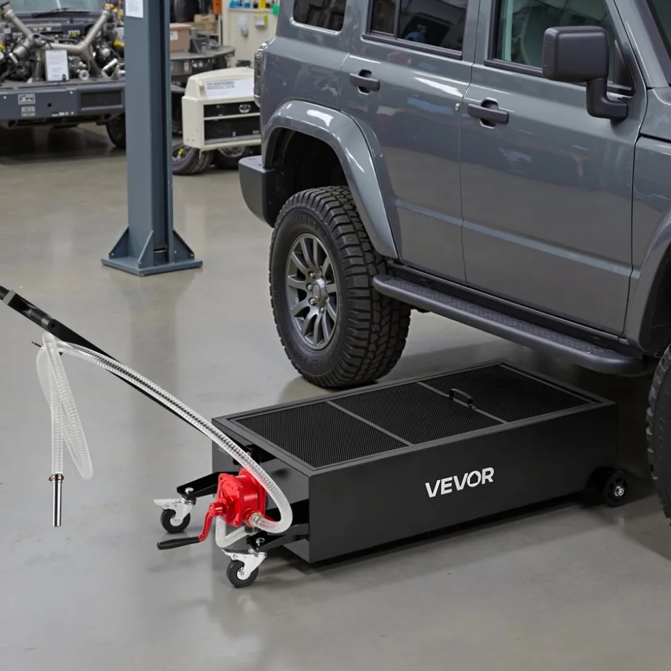 VEVOR Low Profile Oil Drain Pan, 25 Gallon Capacity, Rolling Oil Drain Pan with Manual Pump, 7.2 ft Hose & T Folding Handle, Leak-proof & Corrosion-resistant, Fit for Cars, SUVs, Trucks, ATVs, Black