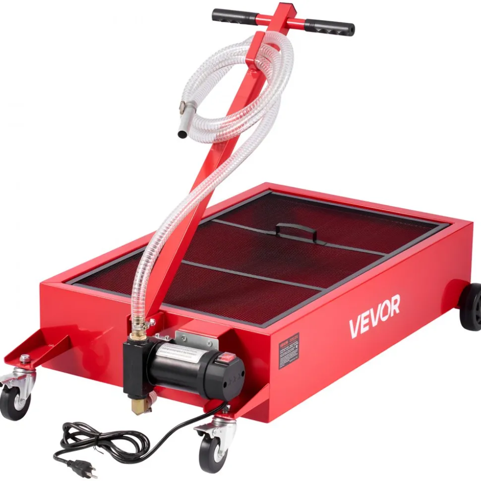 VEVOR Low Profile Oil Drain Pan, 17 Gallon Capacity, Rolling Oil Drain Pan with Electric Pump, 7.2 ft Hose & T Folding Handle, Leak-proof & Corrosion-resistant, Fit for Cars, SUVs, Trucks, ATVs, Red