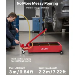VEVOR Low Profile Oil Drain Pan, 20 Gallon Capacity, Rolling Oil Drain Pan with Manual Pump, 7.2 ft Hose & T Folding Handle, Leak-proof & Corrosion-resistant, Fit for Cars, SUVs, Trucks, ATVs, Red