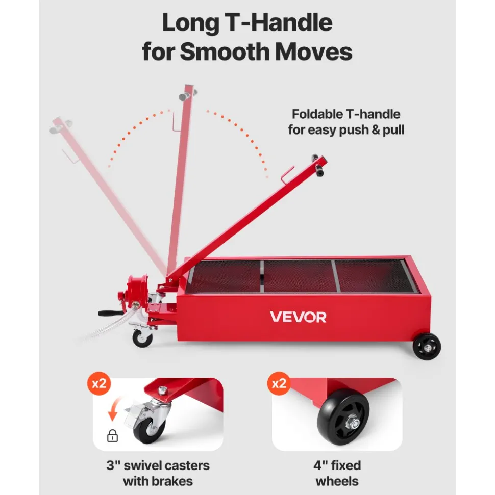 VEVOR Low Profile Oil Drain Pan, 20 Gallon Capacity, Rolling Oil Drain Pan with Manual Pump, 7.2 ft Hose & T Folding Handle, Leak-proof & Corrosion-resistant, Fit for Cars, SUVs, Trucks, ATVs, Red
