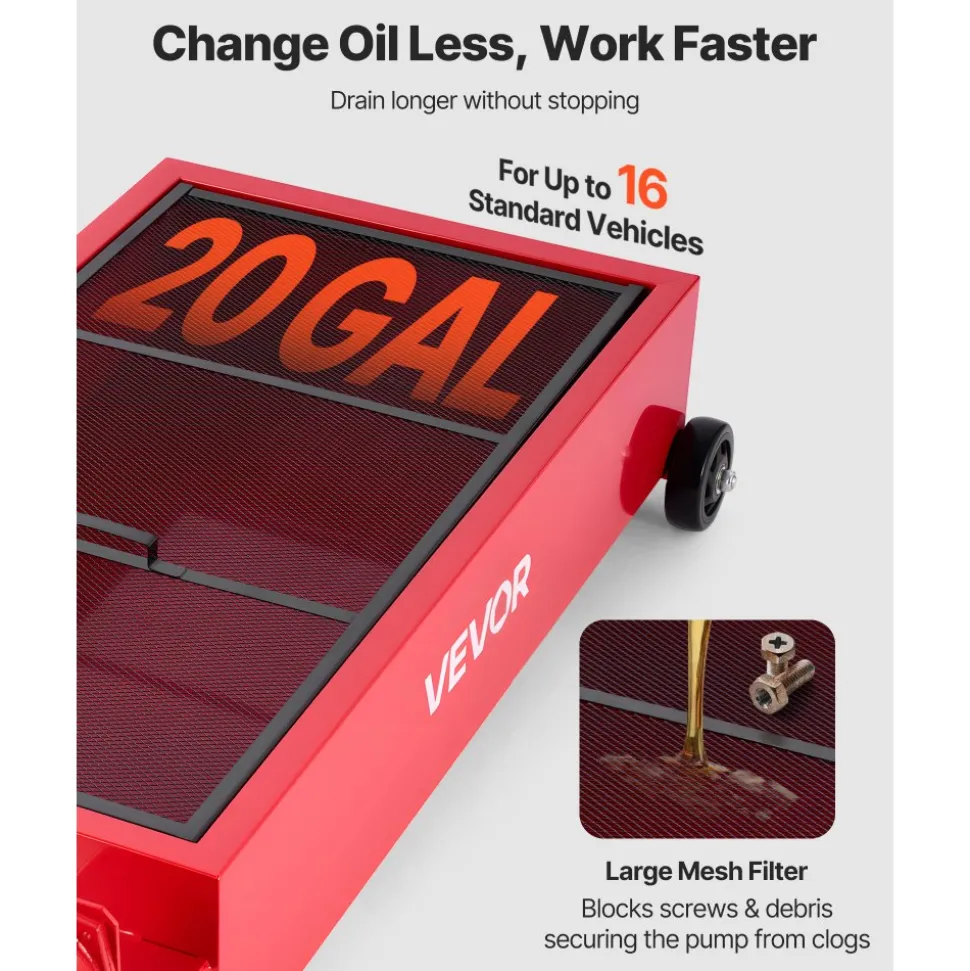 VEVOR Low Profile Oil Drain Pan, 20 Gallon Capacity, Rolling Oil Drain Pan with Manual Pump, 7.2 ft Hose & T Folding Handle, Leak-proof & Corrosion-resistant, Fit for Cars, SUVs, Trucks, ATVs, Red
