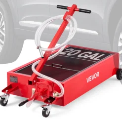 VEVOR Low Profile Oil Drain Pan, 20 Gallon Capacity, Rolling Oil Drain Pan with Manual Pump, 7.2 ft Hose & T Folding Handle, Leak-proof & Corrosion-resistant, Fit for Cars, SUVs, Trucks, ATVs, Red