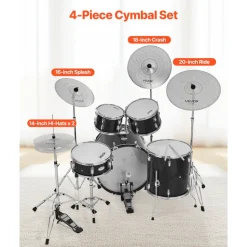 VEVOR Low Volume Cymbal Pack, 4 Pieces Quiet Cymbals for Drum Set, Alloy Cymbals Drum Set Includes 14-inch Hi-Hats, 16-inch Crash, 18-inch Crash, 20-inch Ride, Drumsticks & Cymbal Bag, Bright Copper