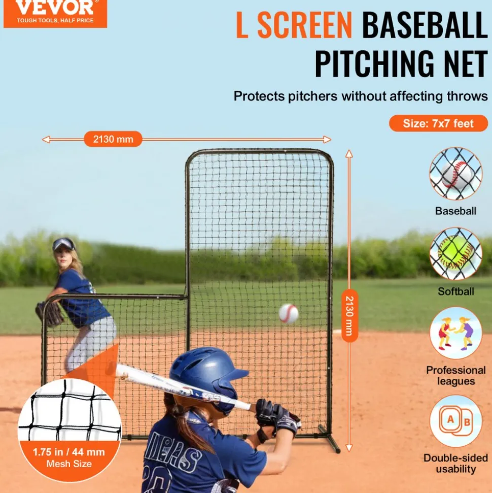 VEVOR L Screen Baseball for Batting Cage, 7x7 ft Baseball Softball Safety Screen, Body Protector Portable Batting Screen with Carry Bag & Ground Stakes, Heavy Duty Pitching Net for Pitchers Protection