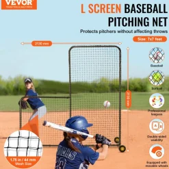 VEVOR L Screen Baseball for Batting Cage, 7x7 ft Softball Safety Screen, Body Protector Portable Batting Screen with Carry Bag, Wheels, Ground Stakes, Heavy Duty Pitching Net for Pitchers Protection