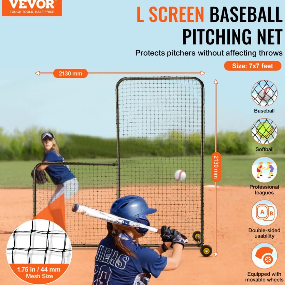 VEVOR L Screen Baseball for Batting Cage, 7x7 ft Softball Safety Screen, Body Protector Portable Batting Screen with Carry Bag, Wheels, Ground Stakes, Heavy Duty Pitching Net for Pitchers Protection