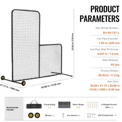 VEVOR L Screen Baseball for Batting Cage, 7x7 ft Softball Safety Screen, Body Protector Portable Batting Screen with Carry Bag, Wheels, Ground Stakes, Heavy Duty Pitching Net for Pitchers Protection