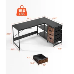 VEVOR L-Shaped Computer Desk, 59-inch Reversible Corner Gaming Desk with Drawers & Storage Shelves, Modern Stylish PC Table Sturdy Work Workstation for Home Office - Easy to Assembly