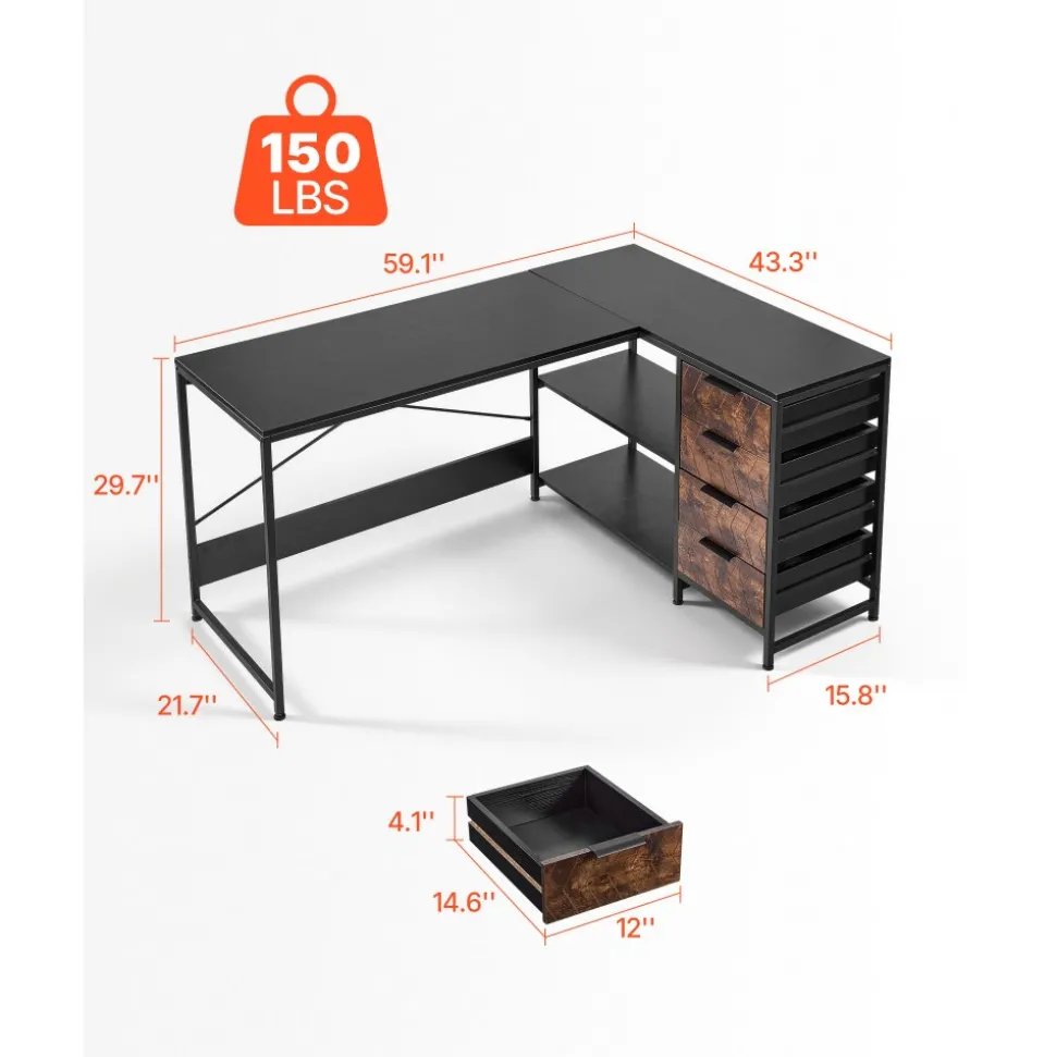 VEVOR L-Shaped Computer Desk, 59-inch Reversible Corner Gaming Desk with Drawers & Storage Shelves, Modern Stylish PC Table Sturdy Work Workstation for Home Office - Easy to Assembly