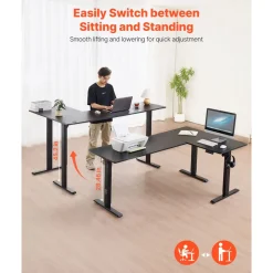 VEVOR L Shaped Desk, Electric Adjustable Height Corner Gaming Desk with CPU Stand, Dual Hooks and Fabric Drawers, L-Shaped Computer Table with Light Strip for Home Office, Easy to Assemble, Black