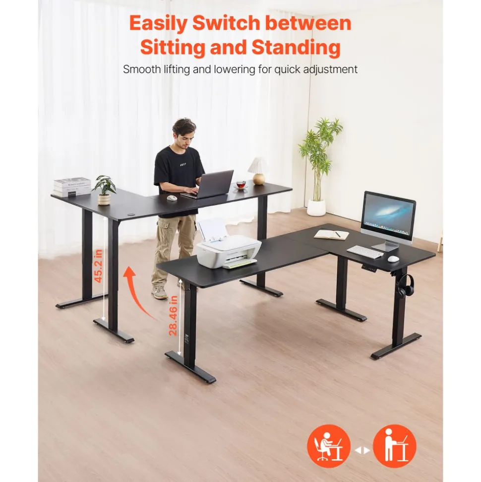 VEVOR L Shaped Desk, Electric Adjustable Height Corner Gaming Desk with Dual Hooks, Heavy Duty Carbon Steel L-Shaped Computer Table with Power Outlets for Home and Office, Easy to Assemble, Black