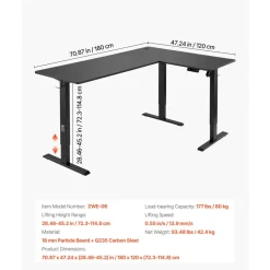 VEVOR L Shaped Desk, Electric Adjustable Height Corner Gaming Desk with CPU Stand, Dual Hooks and Fabric Drawers, L-Shaped Computer Table with Light Strip for Home Office, Easy to Assemble, Black