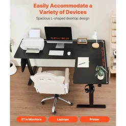 VEVOR L Shaped Desk, Electric Adjustable Height Corner Gaming Desk with Dual Hooks, Heavy Duty Carbon Steel L-Shaped Computer Table with Power Outlets for Home and Office, Easy to Assemble, Black