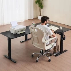 VEVOR L Shaped Desk, Electric Adjustable Height Corner Gaming Desk with Dual Hooks, Heavy Duty Carbon Steel L-Shaped Computer Table with Power Outlets for Home and Office, Easy to Assemble, Black