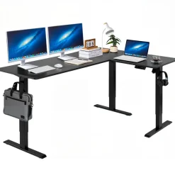 VEVOR L Shaped Desk, Electric Adjustable Height Corner Gaming Desk with Dual Hooks, Heavy Duty Carbon Steel L-Shaped Computer Table with Power Outlets for Home and Office, Easy to Assemble, Black