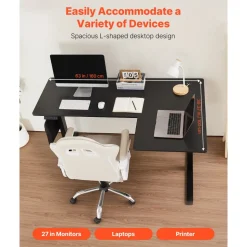 VEVOR L Shaped Desk, Electric Adjustable Height Corner Gaming Desk with Dual Hooks, Heavy Duty Carbon Steel L-Shaped Computer Table with Power Strip for Home, Office, Dorm, Easy to Assemble, Black