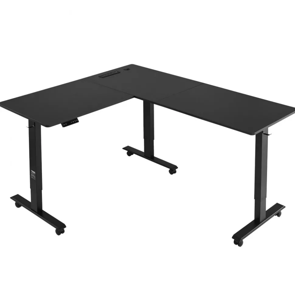 VEVOR L Shaped Desk, Electric Adjustable Height Corner Gaming Desk with Dual Hooks and Wheels, Heavy Duty Carbon Steel L-Shaped Computer Table with Power Strip for Home Office, Easy to Assemble, Black