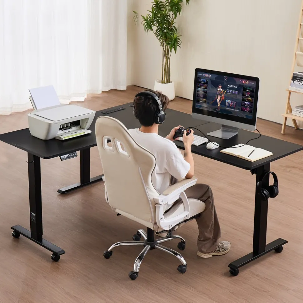 VEVOR L Shaped Desk, Electric Adjustable Height Corner Gaming Desk with Dual Hooks and Wheels, Heavy Duty Carbon Steel L-Shaped Computer Table with Power Strip for Home Office, Easy to Assemble, Black